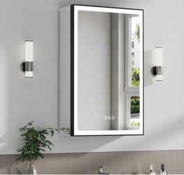 14 in. W x 24 in. H Rectangular Black Aluminum Framed Medicine Cabinet with Mirror Dimmable LED Light Anti-Fog
