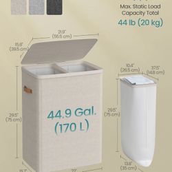 SONGMICS 44.9 Gal Laundry Basket Hamper 2 Compartments w/ Lid and Handles Removable Liners - Beige