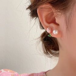 S925 Pearl Tulip Flowers Stud Earrings