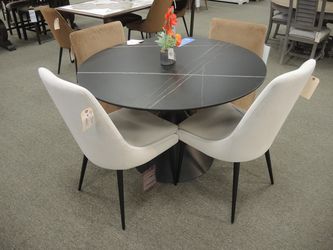 5 Piece Round Marble-Look Dining Set - Black Marble-Look Top With White And Tan Chairs