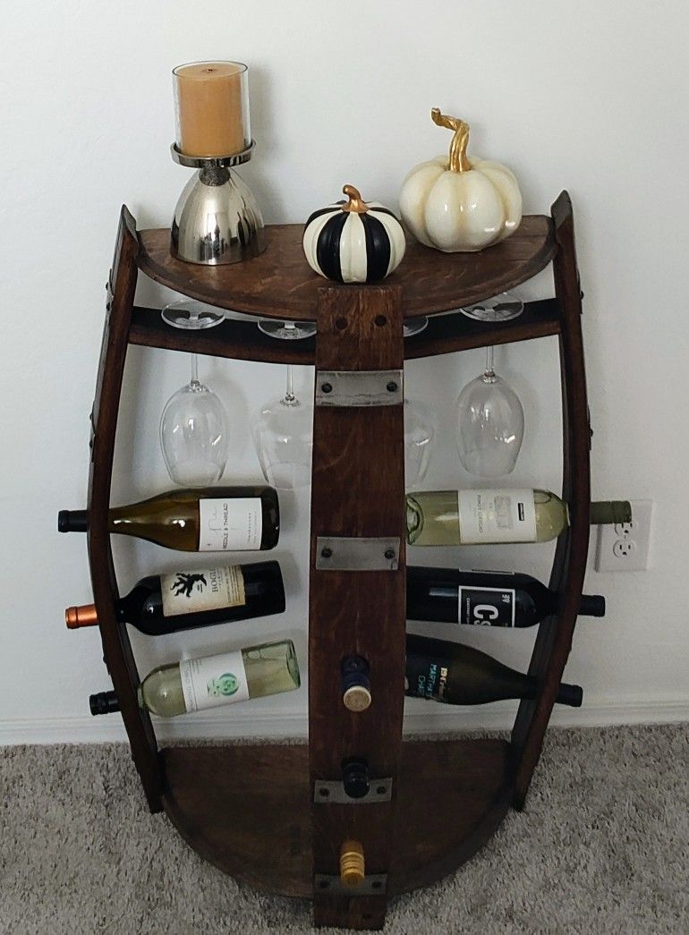 Wine Barrel Rack. Wine Bottle And Stem Glass Holder New!