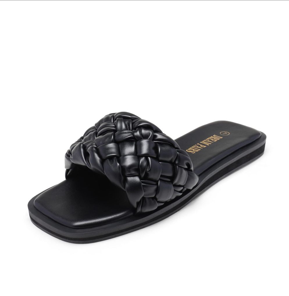 DREAM PAIRS Women's Square Open Toe Slide Sandals Cute Slip On Braided Strap Rhinestone Flat Sandals For Summer,Size 9,BLACK/WEAVE,SDSS2212W