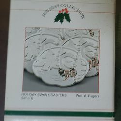 Vintage Wm Rogers 1987 Holiday Christmas Swan Silverplate 6 Coasters