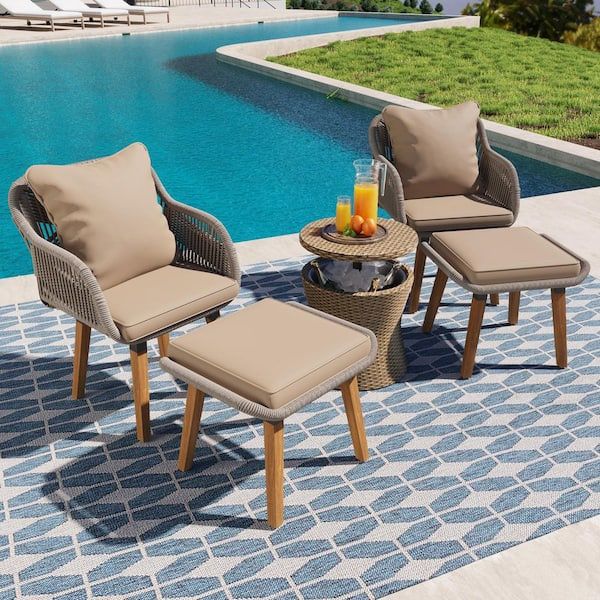 5-Pc Outdoor Wicker Patio Conversation Set w/ Brown Cushions & Cool Bar Table [NEW IN BOX] **Retails for $453 <Assembly Required> 