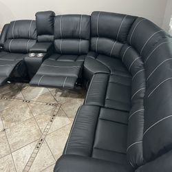 New 3 Reclining Power Sectionals.  Black Leather.  116x104x41H.  Free Delivery!