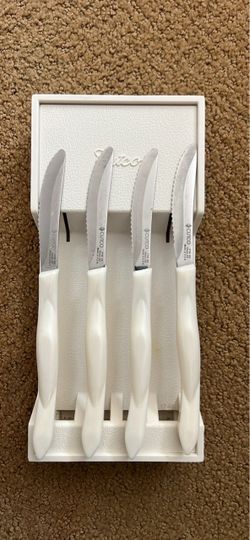 4 CUTCO 1759 KB Serrated Table Steak Knives Pearl White Handle w/ Rack