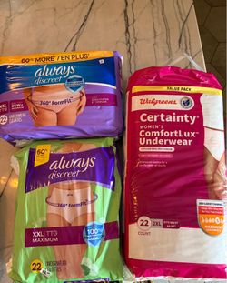 women's protective absorbent underwear: Always Discreet XXL Maximum absorbency with 22 count. Or value pack of Walgreens Certainty 2XL