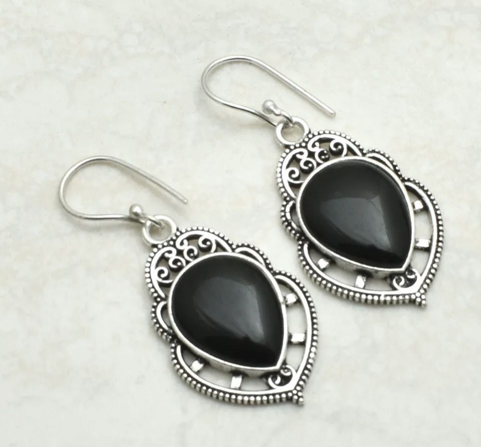 Teardrop Natural Black Onyx Sterling Silver 2” Earrings