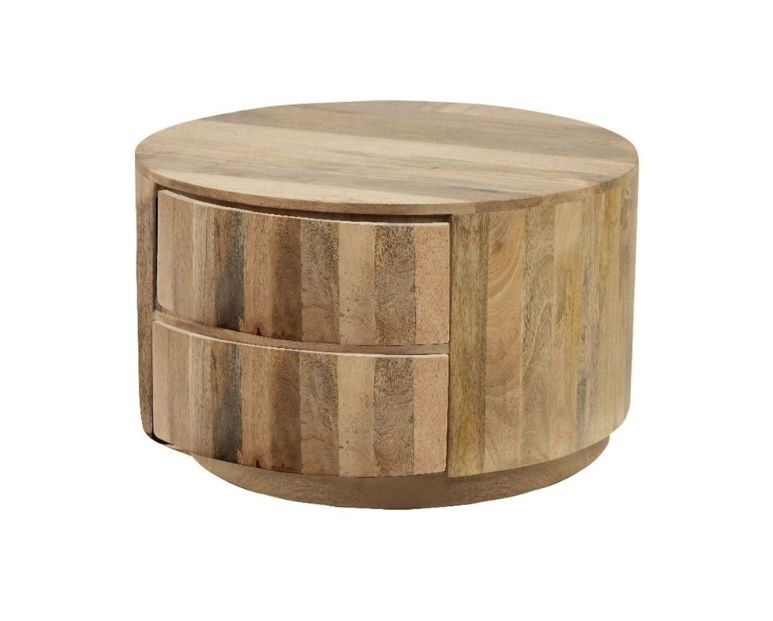 Pemberly Row Modern 2-Drawer Round Wood Coffee Table in Brown