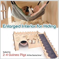  New Guinea Pig Hideout & House - Easy to Assemble Wooden Guinea Pig Castle with Hammock, Ramp and Toys Accessories Habitat Suitable for Hamster
