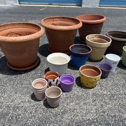 $30 for all! Assortment of Gardening Planters Pots! Three Large are Resin One Styrofoam. Most of Small are Clay. 