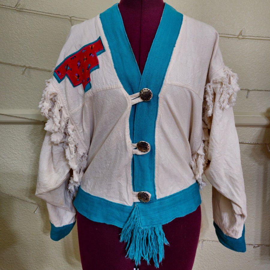 Beautiful! Rare Vintage Alfredo's Wife Canvas Mix Media Fringe Jacket Featuring Patch Work & Native American Women