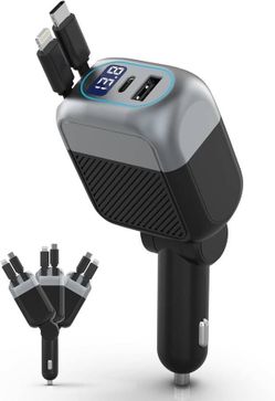 new 87W Retractable Car Charger, 4-in-1 Fast USB C Charging Car Adapter with 45W Type C Cable for iPhone 17/16 Pro Max & Samsung, 12W Lightning Cable 
