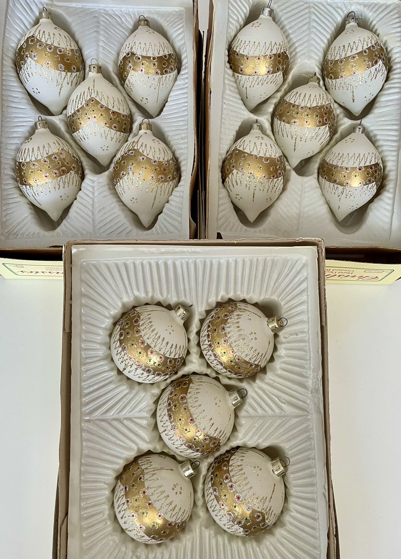 Vintage Christmas Classics Three Sets Of 5 Hand-Painted Gold & Cream Glass Ornaments Made in Roumania