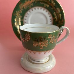 Vintage Royal Grafton Bone China Green White Gold Teacup & Saucer England