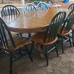 Long Oak Dining Table And Chairs(9) Double Leaf/ 8 Foot Table/Farmhouse/Country/Rustic/Western/Shabby/Distressed/Rare/Double Pedestal/Heavy Wood