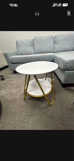 SIDE TABLE COLOR: ROSE GOLD AND WHITE H16.5” x16” W  New Still In Box Not Assembly