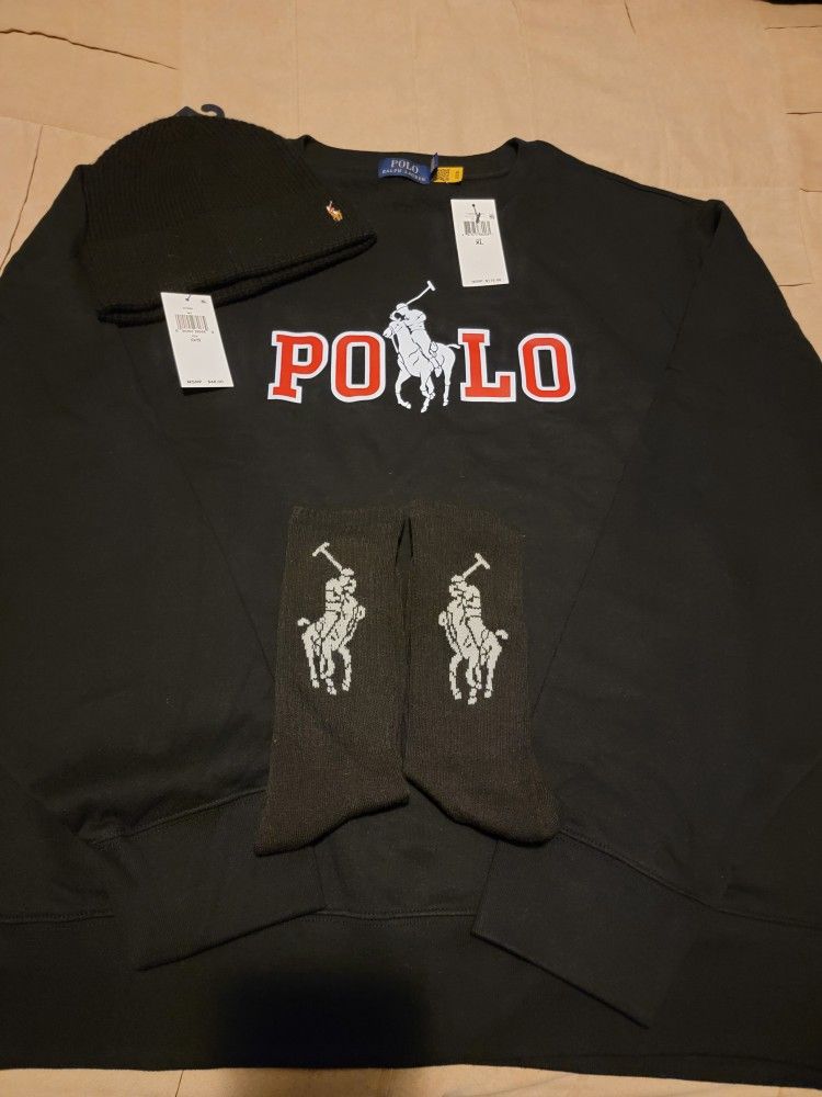 XL black Polo sweatshirt. Black Polo beanie one size. Black Polo crew socks 10 to 13 shoe fit.