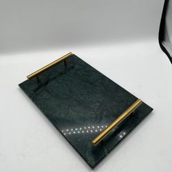 12" x 8" Drak Green Marble Stone Decorative Perfume Tray with Copper Color Metal Handles, 1/2" thickness