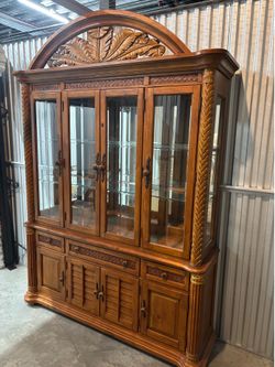 Ornate Wood Display Cabinet Hutch with Glass Doors