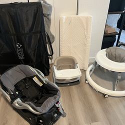 Baby Essentials. Car seat And Dock, Walker, Portable High Chair, Changing Pad, Bassinet