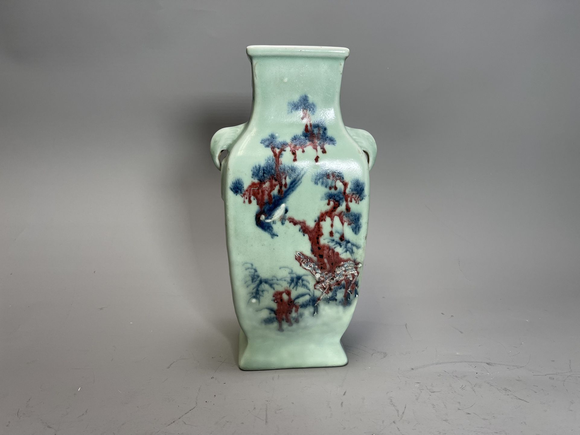 Antique Chinese Celadon Ground & Underglaze-blue/Copper-red Deco. Longevity motif Porcelain Vase