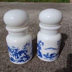 Vintage Milk Glass Apothecary Jars w/ Asian Scenes Made in Belgium *20.00 Firm for Pair* 5.5" Tall