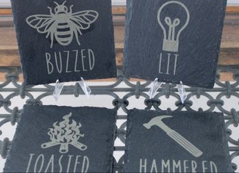 Hammered, Buzzed, Lit and Toasted Coasters, Slate Coaster Set, Pun Coasters,