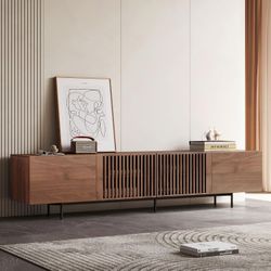 Mid Century Modern TV Stand, 94.5" Walnut TV Console for 80+ TVs Long Media Console with Ample Storage, Solid Wood Veneer, Ventilated Doors, Entertain
