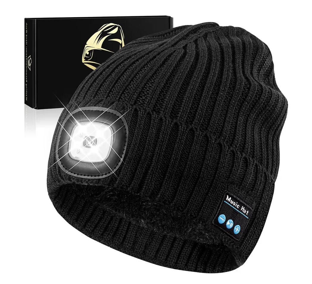 Bluetooth Beanie Hat with Light for Men, LED Beanie with Light Rechargeable, Headlamp Cap Wireless Headphones Built-in Speaker Mic Christmas Gifts for