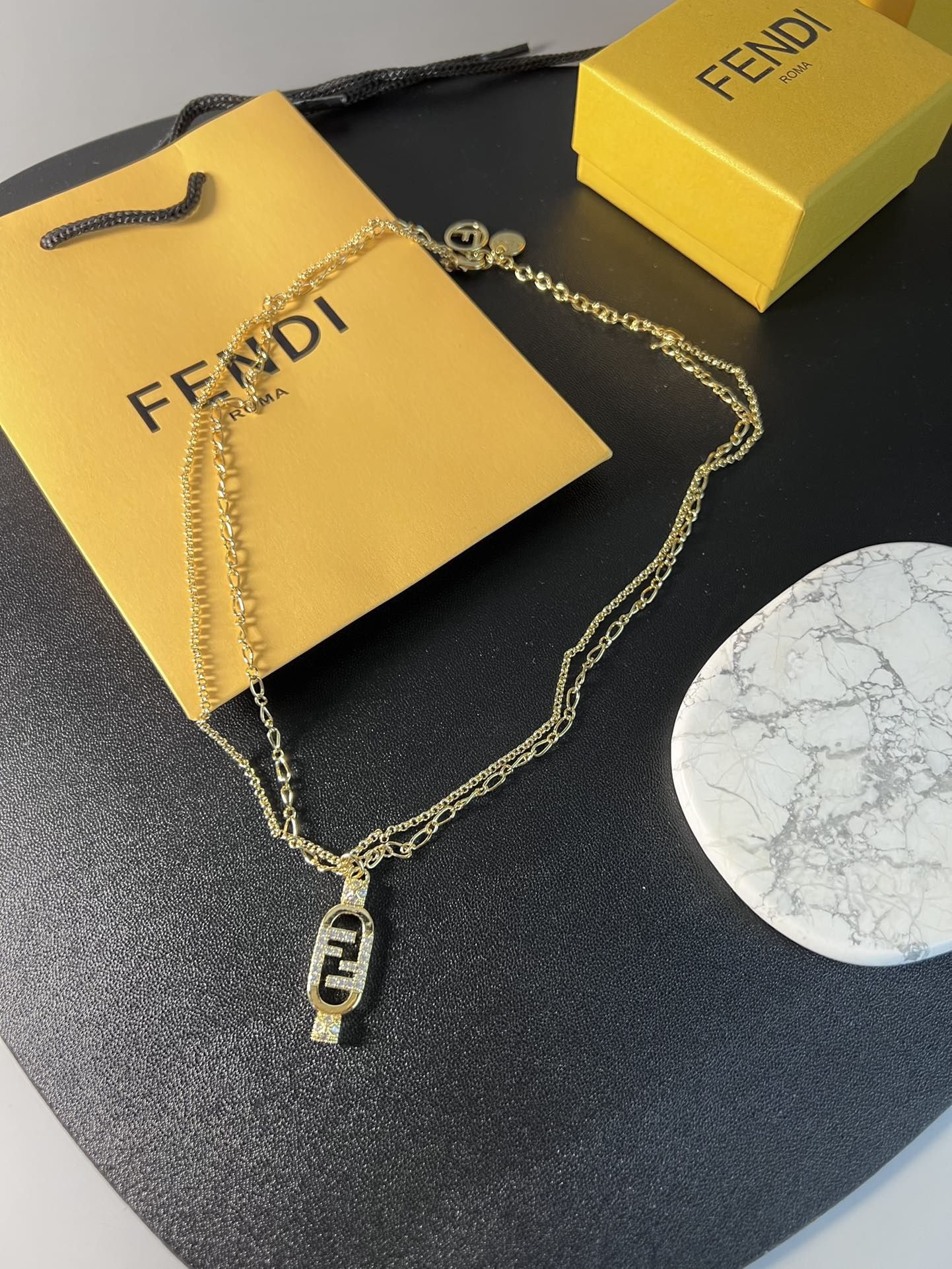 Fendi Double F Crystal Pendants With Double Necklace