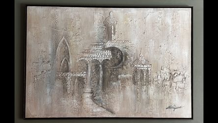 Ancient Ruins Canvas Art Textured Beige/Cream/Turquoise Tones Signed Lalique