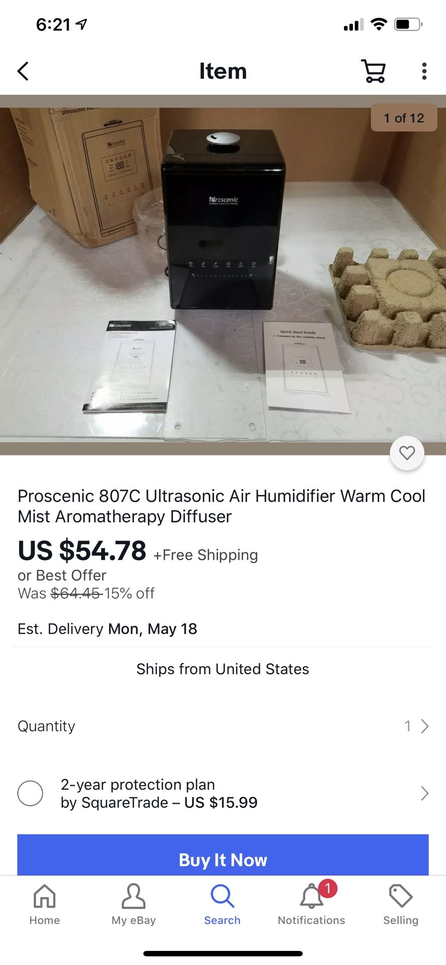 Proscenic 807C Ultrasonic Air Humidifier Warm Cool Mist Aromatherapy Diffuser