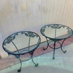 Vintage Cast Iron Glass Top Side Tables Teal Color 2pcs. 