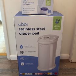 Ubbi Stainless Steel Diaper Pail & Box Of Diaper Pail Bags