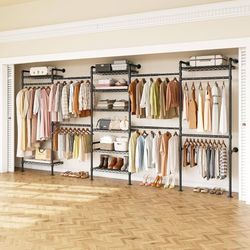 H5 Wall Mounted Closet System, Industrial Pipe Clothes Racks Clothing Rack with 4 Telescopic Rods & 3 Fixing Rods & 9 Shelves, Heavy Duty Closet Organ