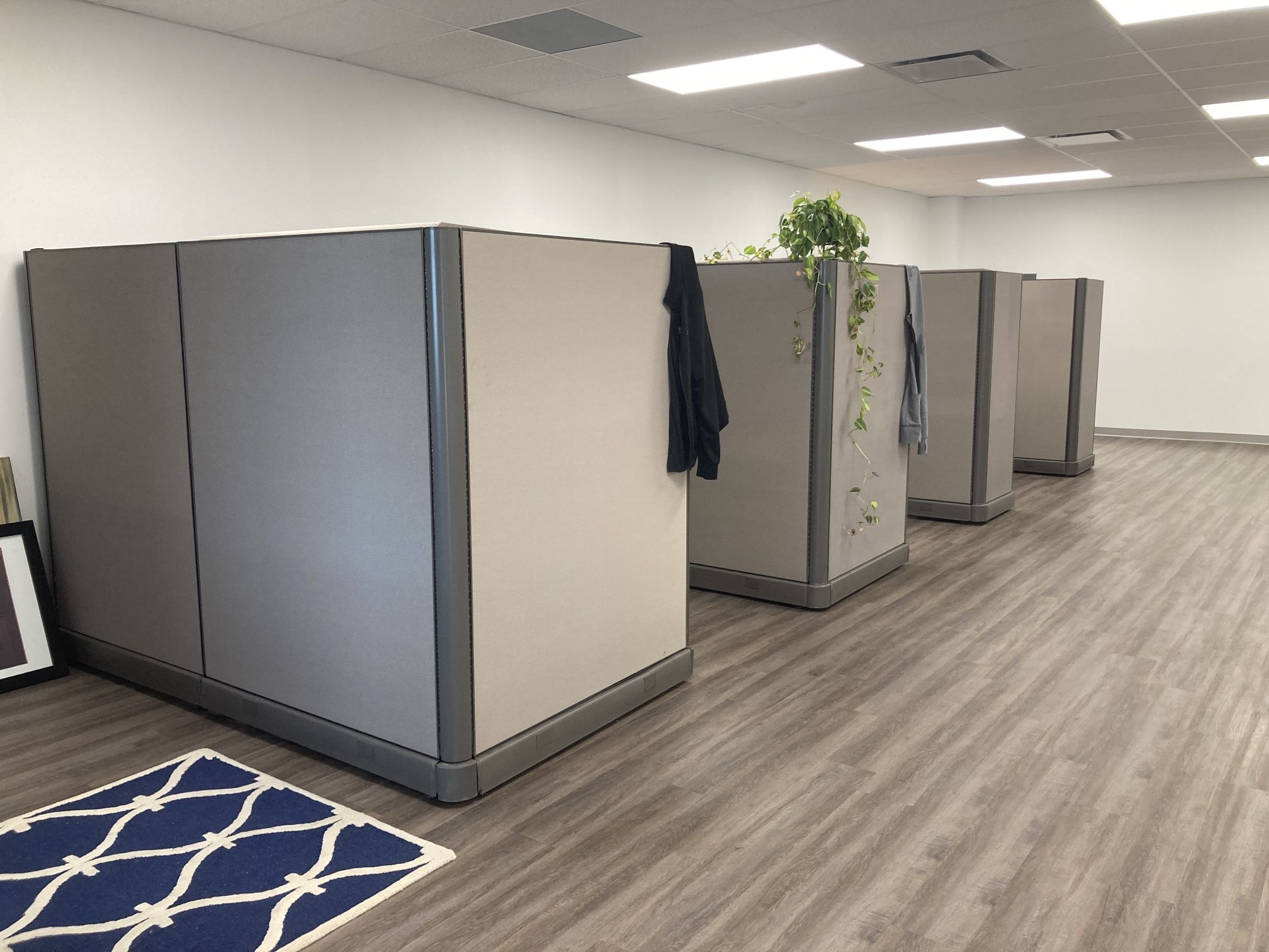 High-Walled Office Cubicles w/ Overhead Storage and Two Locking Filing Cabinets for Each