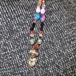 Muarno Glass Pink Rose Glass and Black Marble Beaded Necklace With A Silver Tone Light Pink Rihnestones Pendant 