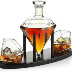 The Wine Savant Diamond Whiskey Decanter l With 2 Diamond Glasses Liquor, Scotch, Rum, Bourbon, Vodka, Tequila Decanter (750 ML DECANTER)
