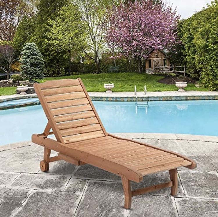 Outdoor Recliner, Wooden Recliner with 3 Backs, Removable Tray and Wheels for Beach, Pool and Terrace