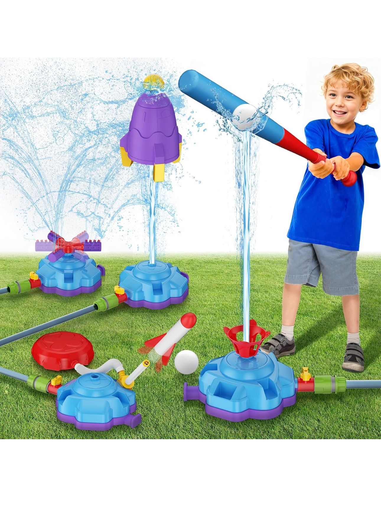 4-in-1 Sprinkler Toys for Kids, Water Outdoor Baseball Rocket Launcher Toy with Water Sprinkler Baseball Toy, Kids Outdoor Sprinkler for Summer Backya