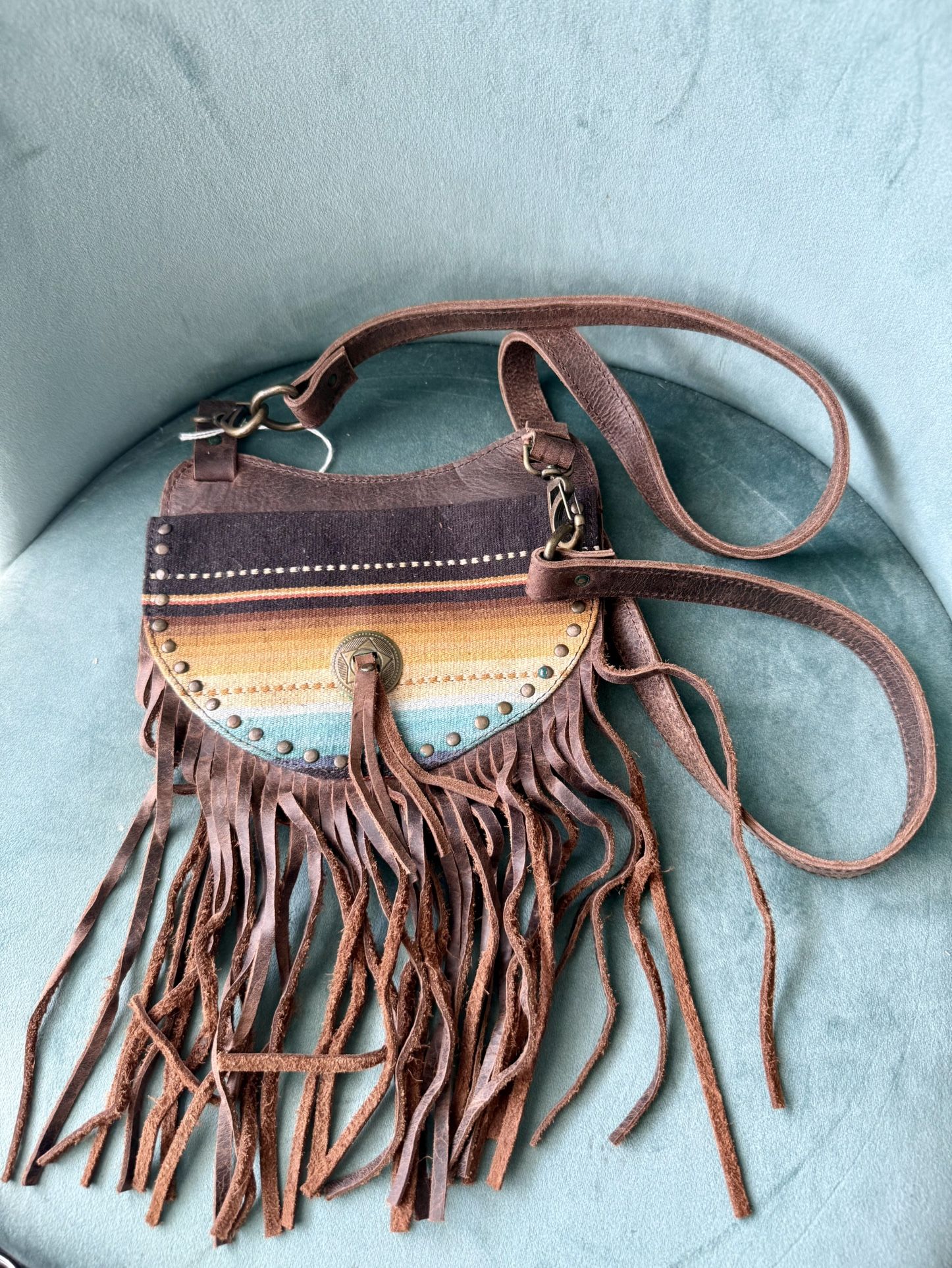 Small purse, leather and southwestern design canvas, crossbody bag with long fringe. NEW