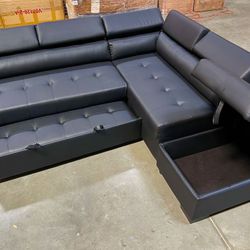 New! Black Sectional Sofa With Storage Ottoman, Sofabed, Sofa Bed, Black Sofa Bed, Sectional Sofa With Pull Out Bed, Faux Leather Sectional Sofa Bed