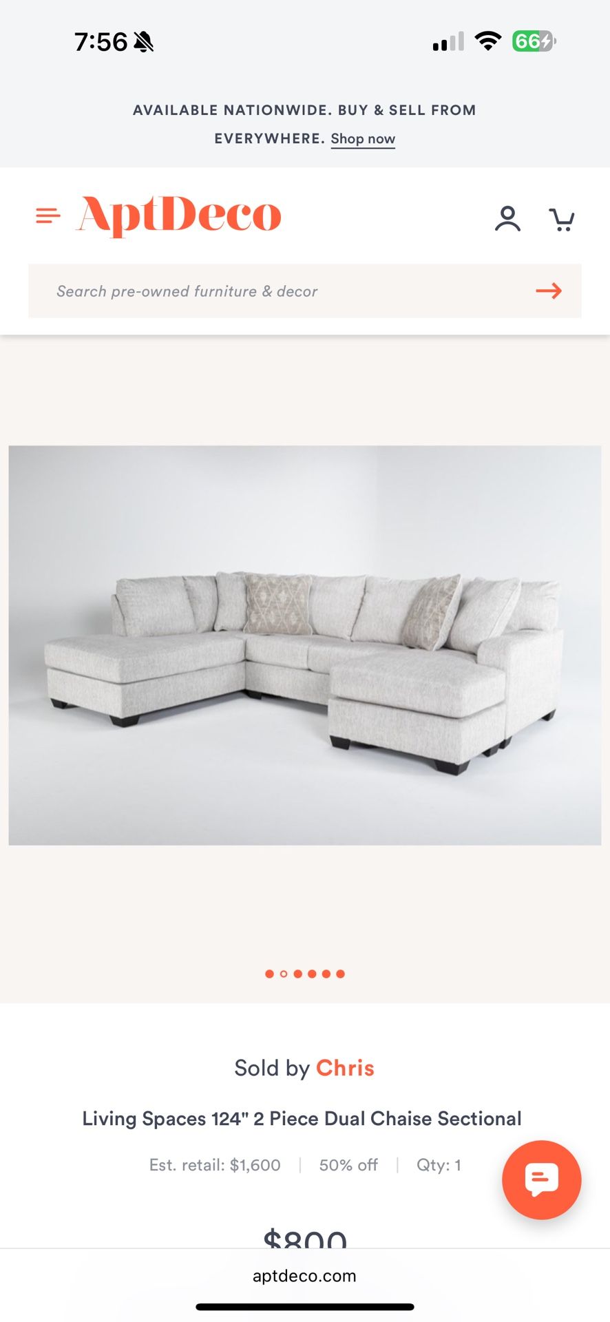 Living Spaces 124" 2pc Dual Chaise Sectional Sofa Cream Beige