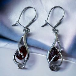 Sterling Silver 925 Teardrop Cherry Red Amber Drop Dangle Earrings