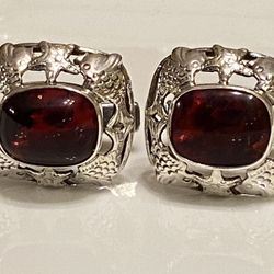 Cuff links vintage 835 Silver Genuine Red Garnet Surrounded By Fish And Starfish