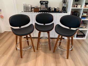 26'' Swivel Bar Stools Set of 3, Upholstered Faux Leather. Black