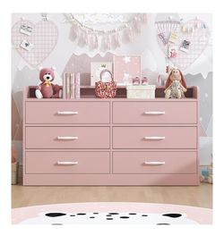 Bigbiglife Kids Dresser with 6 Deep Drawers, Nursery Dresser with Tabletop Rail, Baby Dresser for Bedroom, Wooden Storage Cabinet with Metal Handles f