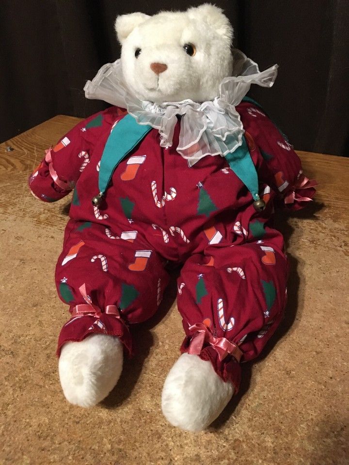 Vintage Plush Creations Inc 1990 White Bear Christmas Jester Bell 16.5 In