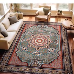 Printed Stain Resistant Washable Area Rug 6x9 Living Room Large Rugs Soft Faux Wool Non-Shedding Low-Pile Floor Carpet for Dining Laundry Room Bedroom